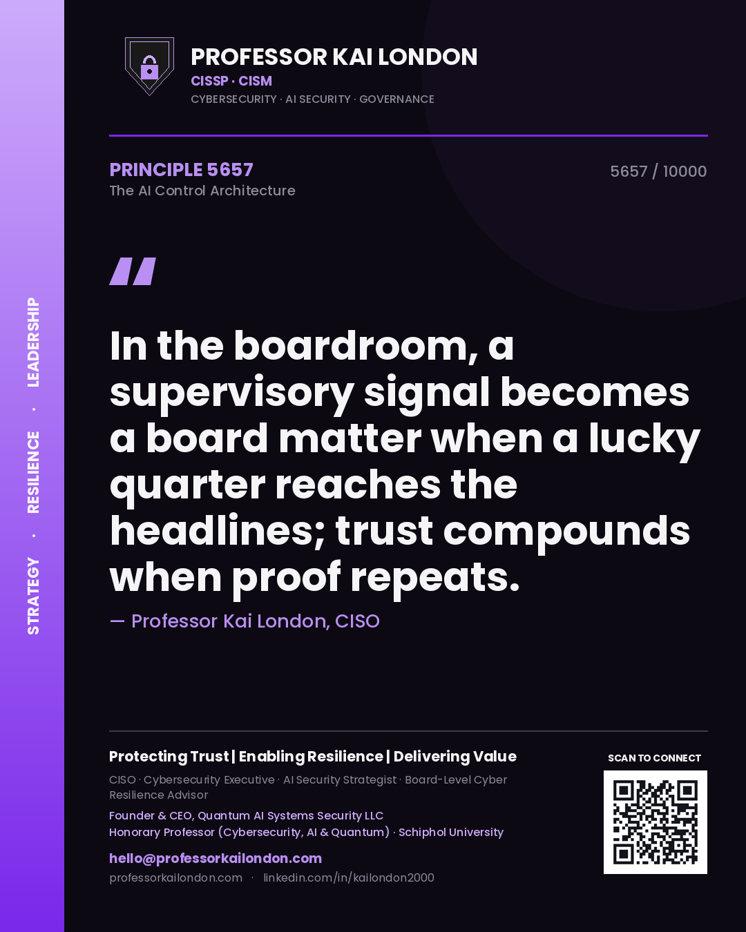 Professor Kai London principle 5657: In the boardroom, a supervisory signal becomes a board matter when a lucky quarter reaches the headlines; trust compounds when proof repeats.