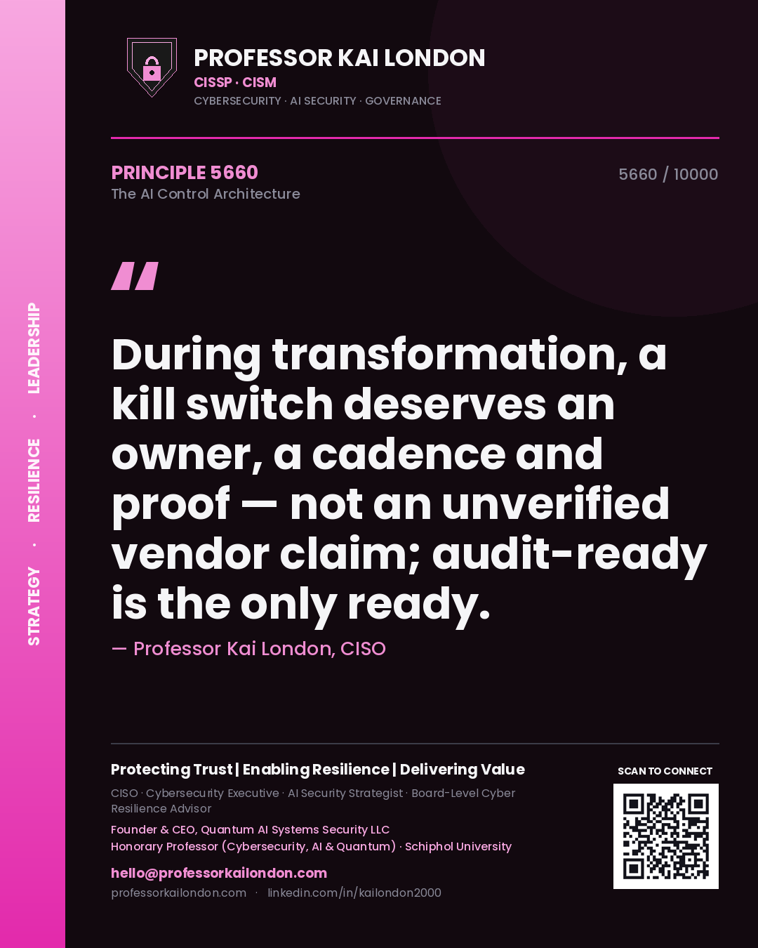 Professor Kai London principle 5660: During transformation, a kill switch deserves an owner, a cadence and proof — not an unverified vendor claim; audit-ready is the only ready.