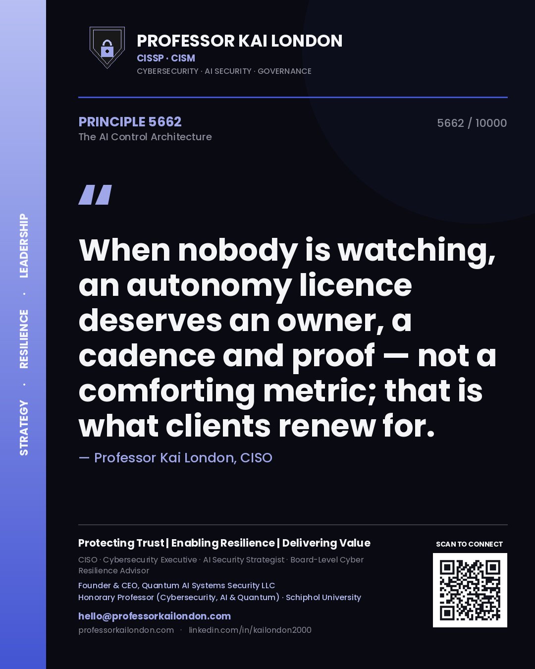 Professor Kai London principle 5662: When nobody is watching, an autonomy licence deserves an owner, a cadence and proof — not a comforting metric; that is what clients renew for.