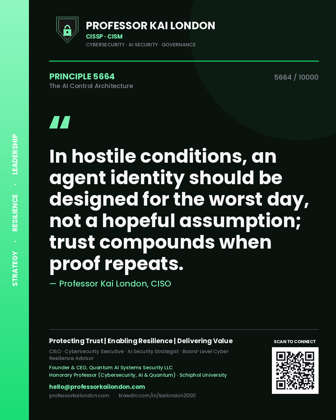 Professor Kai London principle 5664: In hostile conditions, an agent identity should be designed for the worst day, not a hopeful assumption; trust compounds when proof repeats.