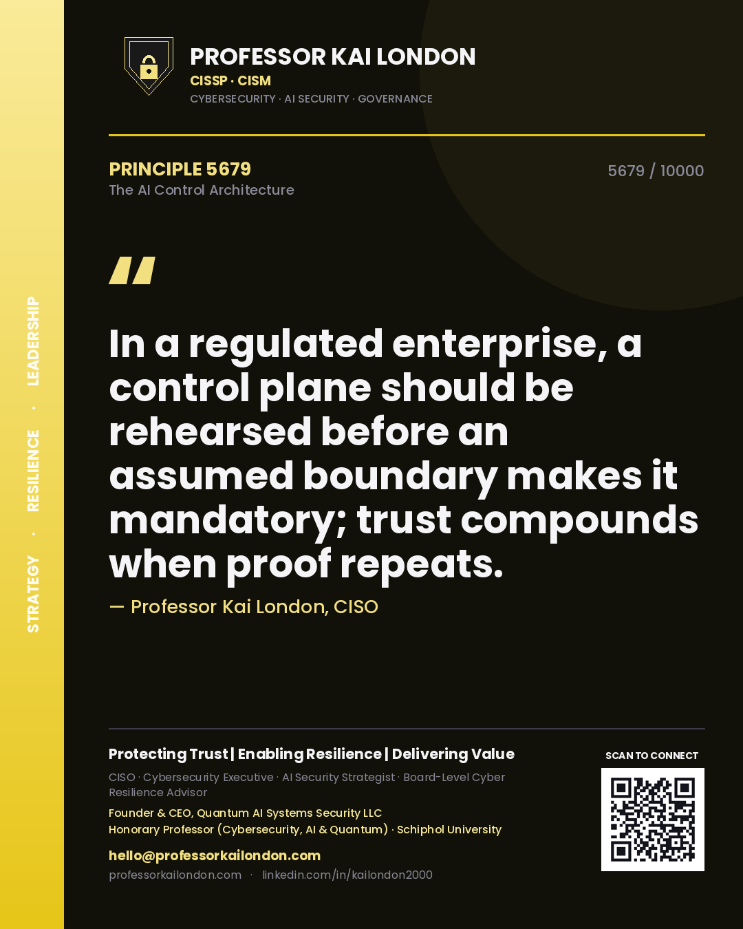 Professor Kai London principle 5679: In a regulated enterprise, a control plane should be rehearsed before an assumed boundary makes it mandatory; trust compounds when proof repeats.