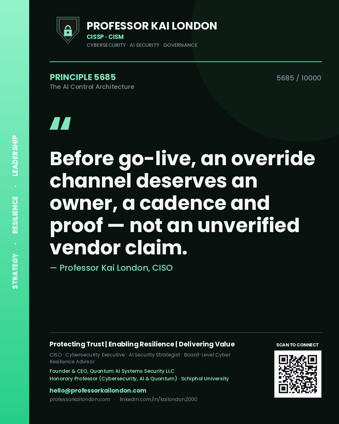 Quote card by Professor Kai London reading 'Before go-live, an override channel deserves an owner, a cadence and proof — not an unverified vendor claim.'. From the book The AI Control Architecture.
