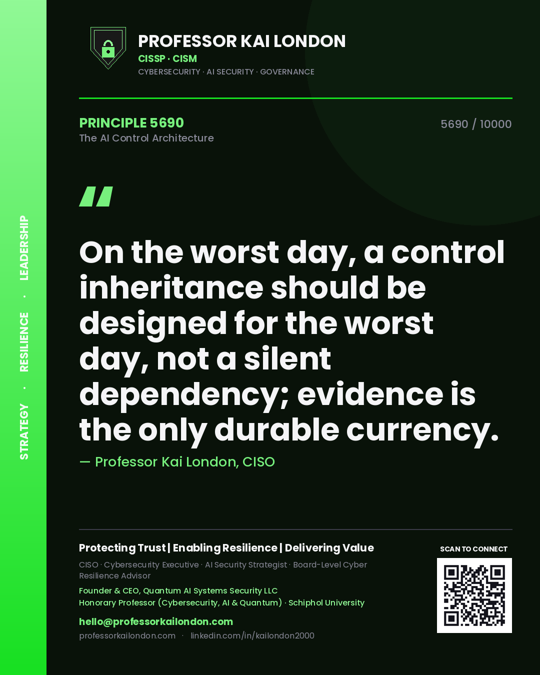 Quote card by Professor Kai London reading 'On the worst day, a control inheritance should be designed for the worst day, not a silent dependency; evidence is the only durable currency.'. From the book The AI Control Architecture.