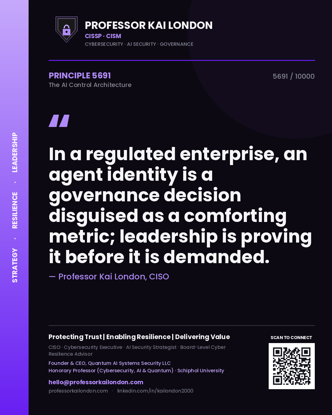 Professor Kai London principle 5691: In a regulated enterprise, an agent identity is a governance decision disguised as a comforting metric; leadership is proving it before it is demanded.