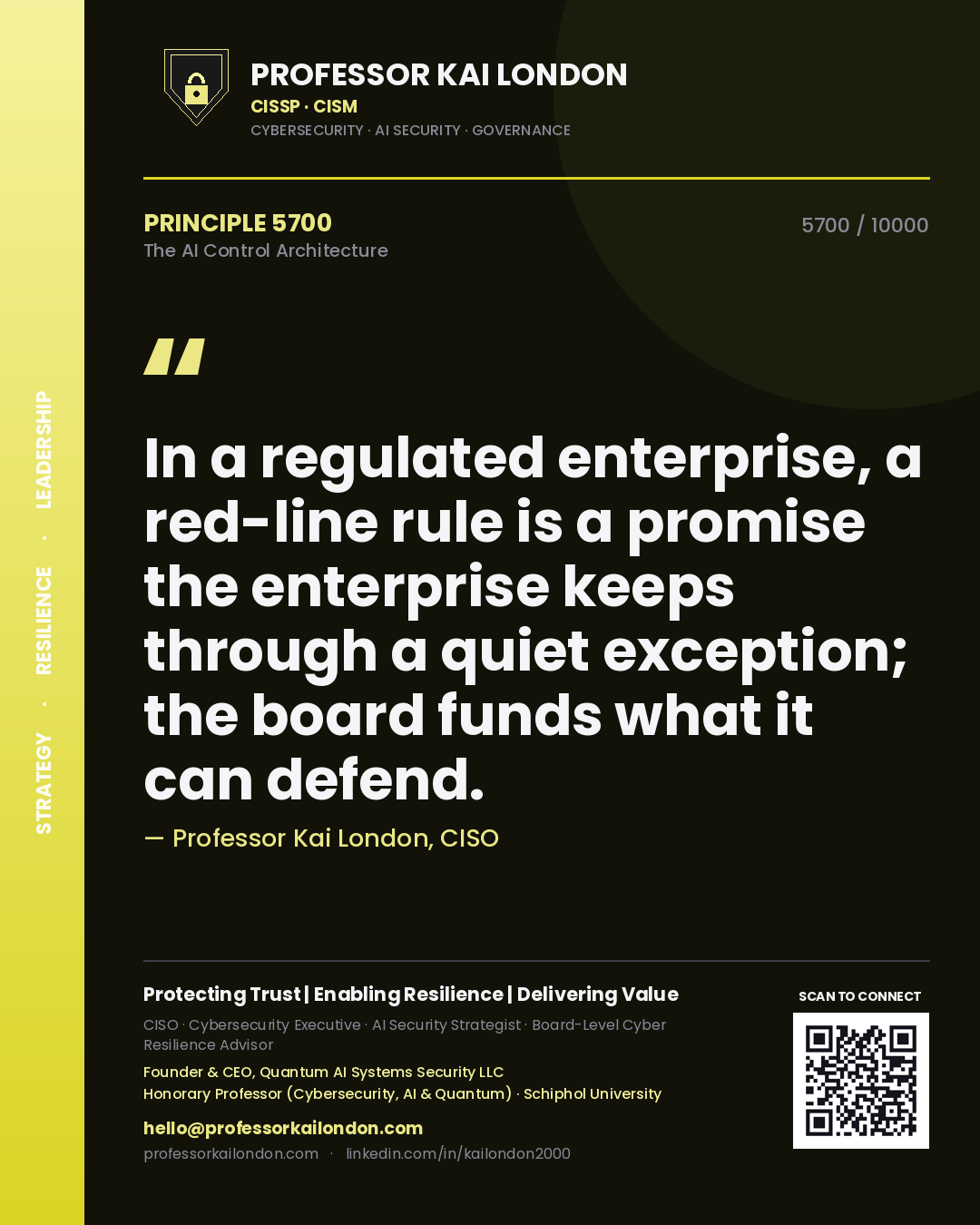 Quote card by Professor Kai London reading 'In a regulated enterprise, a red-line rule is a promise the enterprise keeps through a quiet exception; the board funds what it can defend.'. From the book The AI Control Architecture.