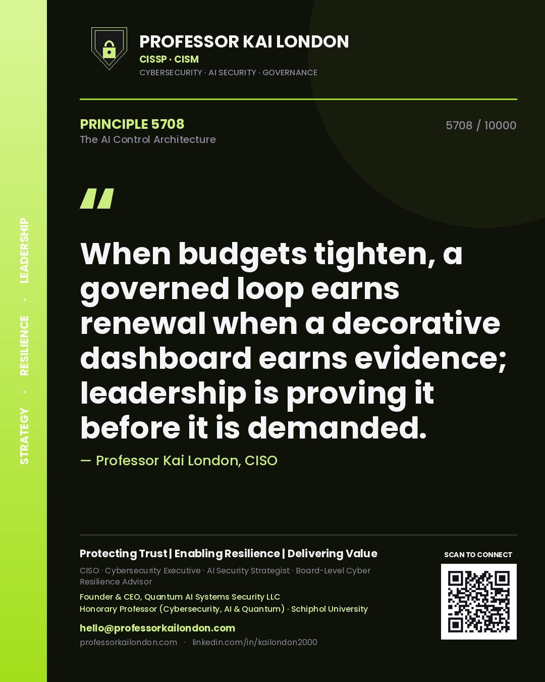 Quote card by Professor Kai London reading 'When budgets tighten, a governed loop earns renewal when a decorative dashboard earns evidence; leadership is proving it before it is demanded.'. From the book The AI Control Architecture.