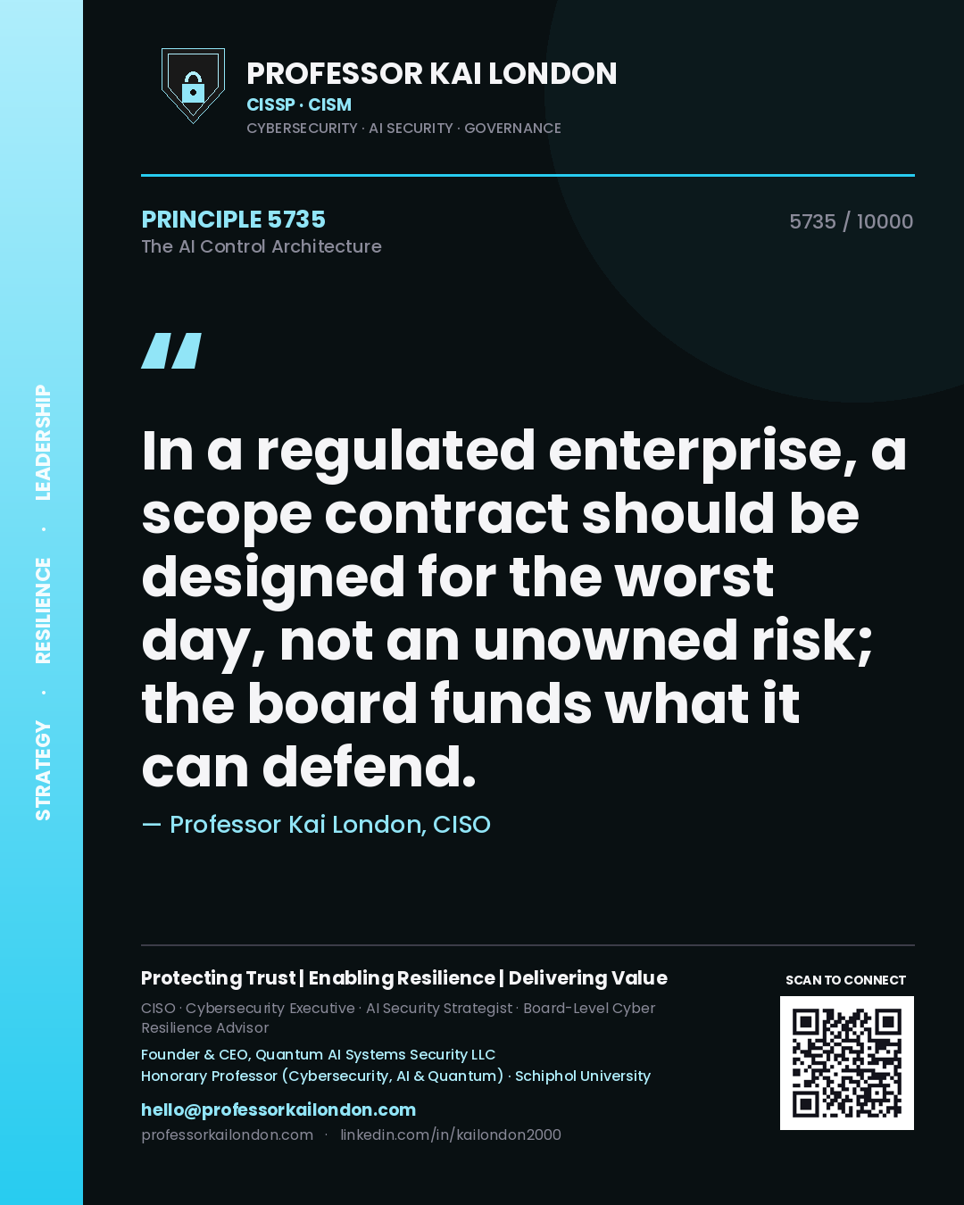 Quote card by Professor Kai London reading 'In a regulated enterprise, a scope contract should be designed for the worst day, not an unowned risk; the board funds what it can defend.'. From the book The AI Control Architecture.