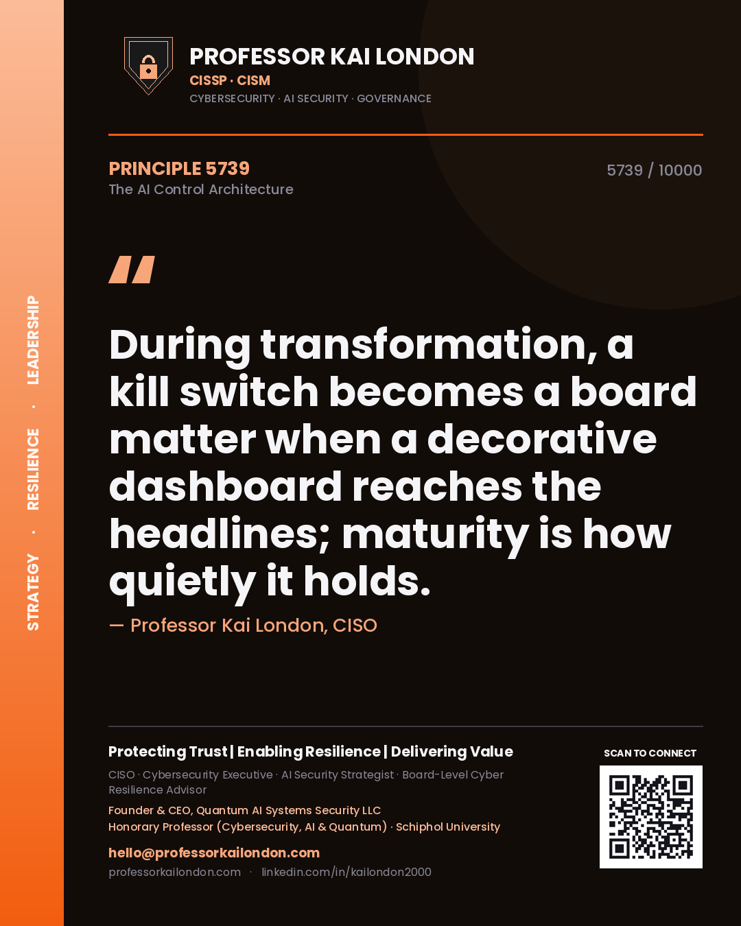 Quote card by Professor Kai London reading 'During transformation, a kill switch becomes a board matter when a decorative dashboard reaches the headlines; maturity is how quietly it holds.'. From the book The AI Control Architecture.