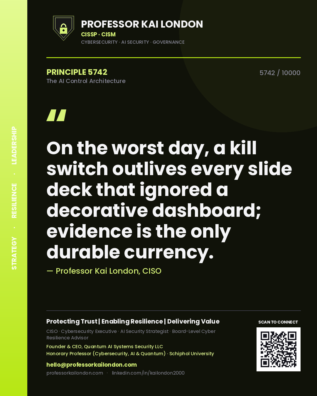 Quote card by Professor Kai London reading 'On the worst day, a kill switch outlives every slide deck that ignored a decorative dashboard; evidence is the only durable currency.'. From the book The AI Control Architecture.