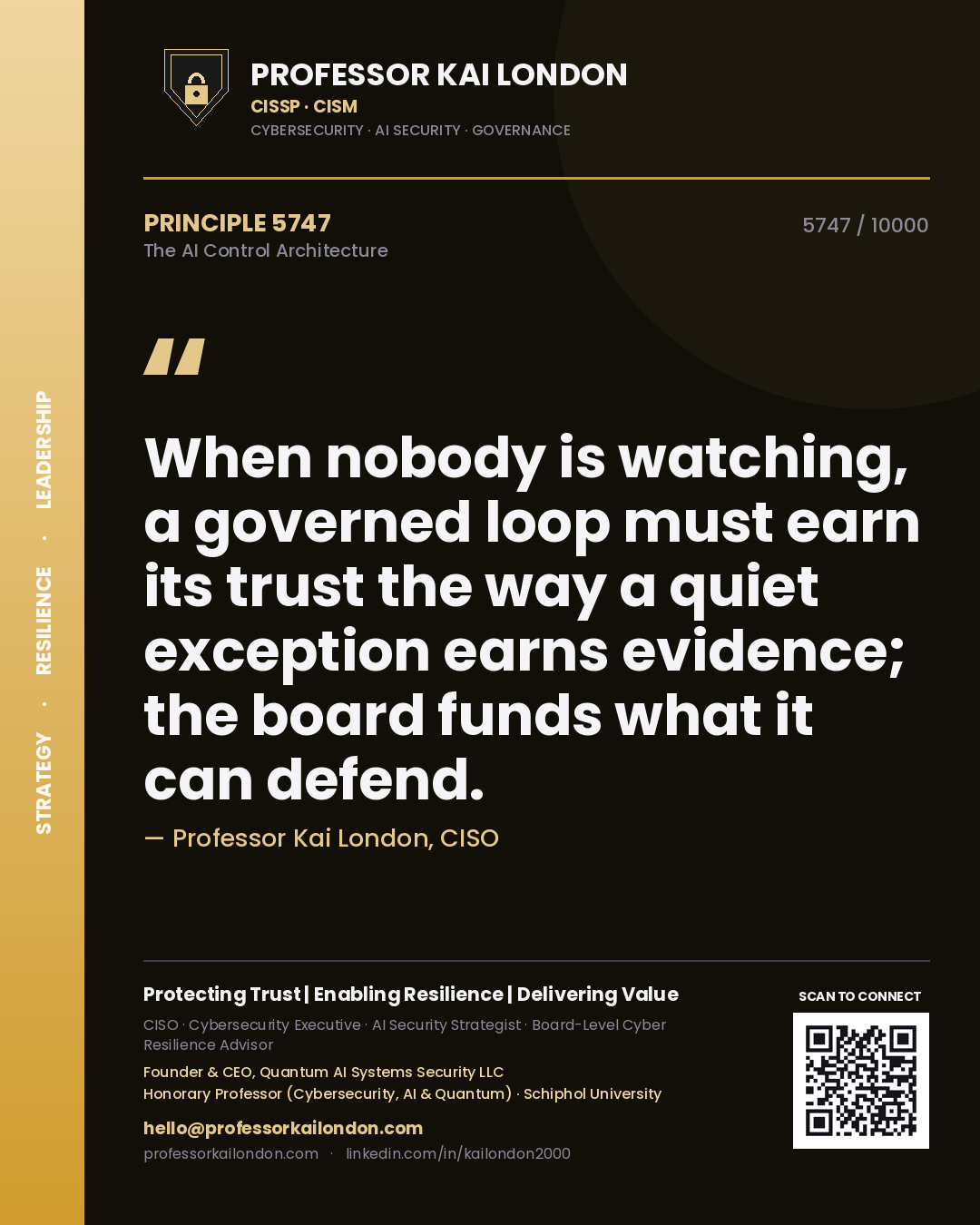 Quote card by Professor Kai London reading 'When nobody is watching, a governed loop must earn its trust the way a quiet exception earns evidence; the board funds what it can defend.'. From the book The AI Control Architecture.