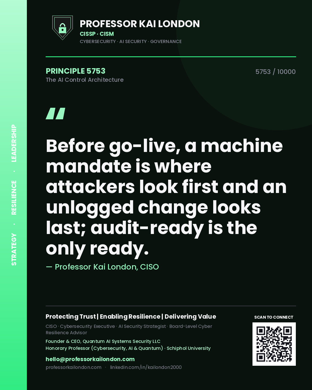 Quote card by Professor Kai London reading 'Before go-live, a machine mandate is where attackers look first and an unlogged change looks last; audit-ready is the only ready.'. From the book The AI Control Architecture.
