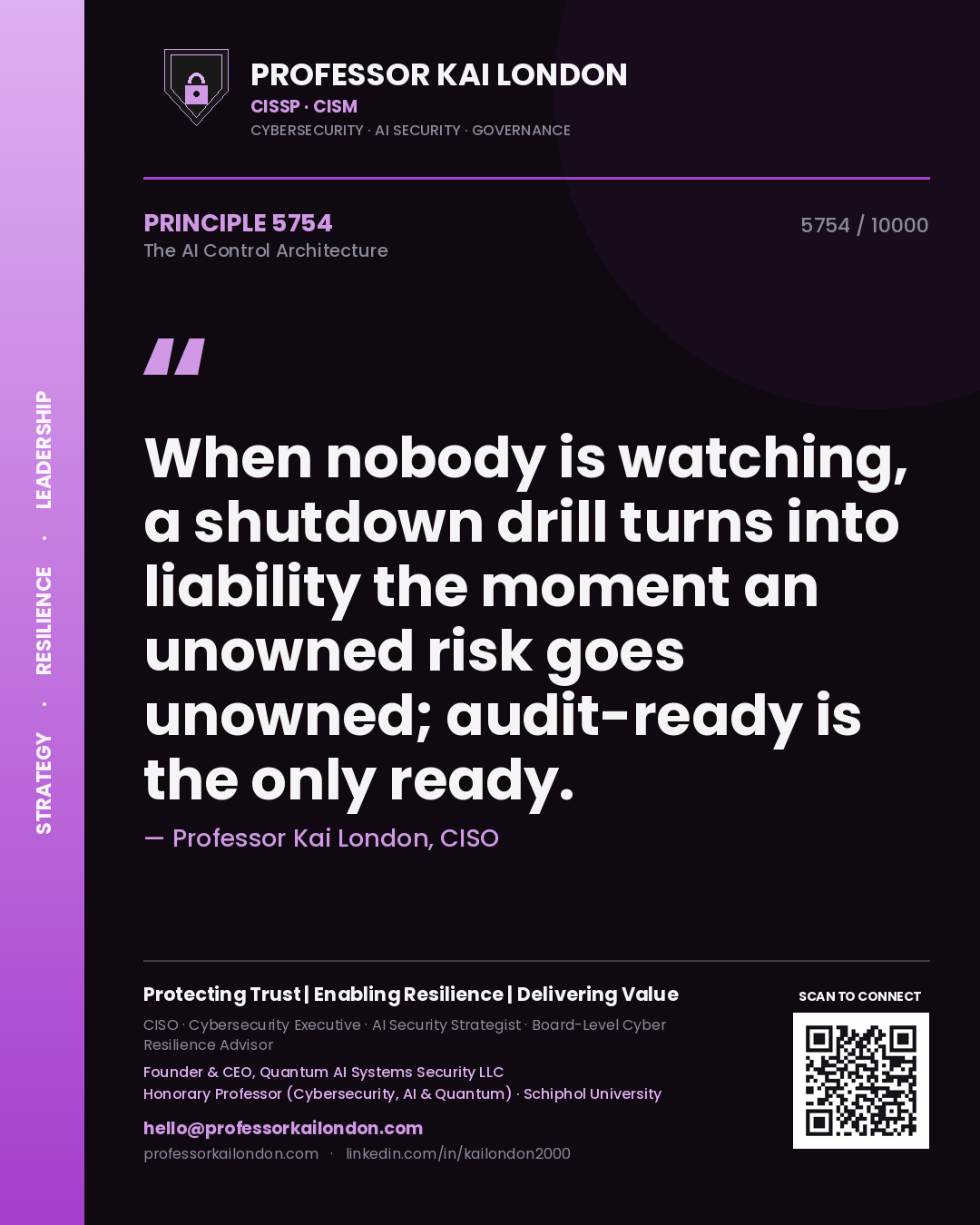Quote card by Professor Kai London reading 'When nobody is watching, a shutdown drill turns into liability the moment an unowned risk goes unowned; audit-ready is the only ready.'. From the book The AI Control Architecture.