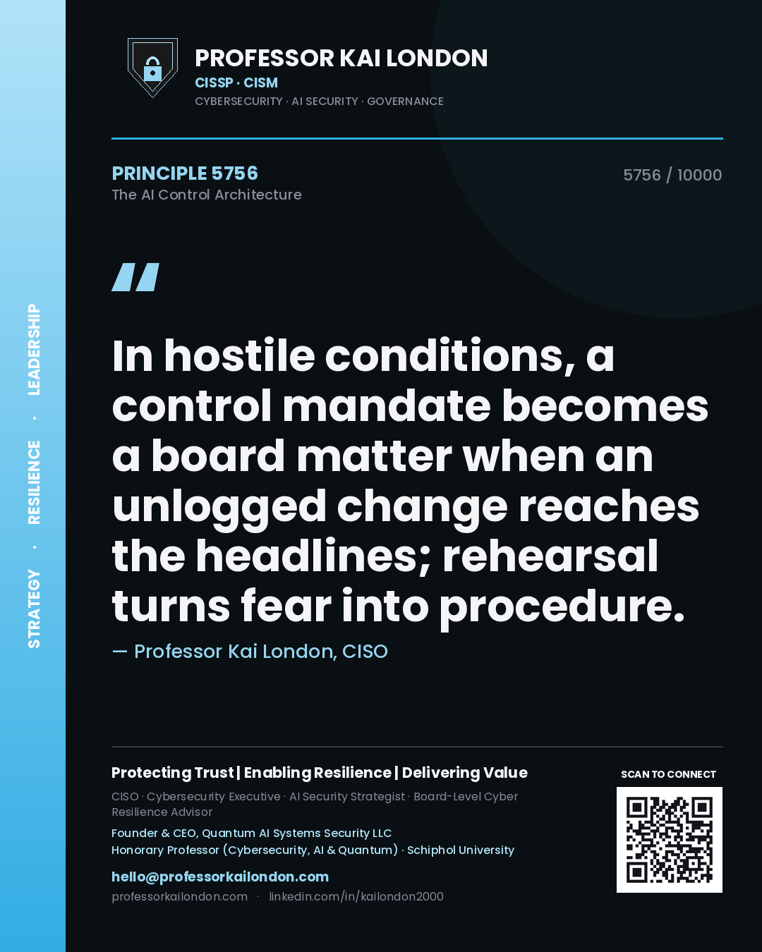 Quote card by Professor Kai London reading 'In hostile conditions, a control mandate becomes a board matter when an unlogged change reaches the headlines; rehearsal turns fear into procedure.'. From the book The AI Control Architecture.