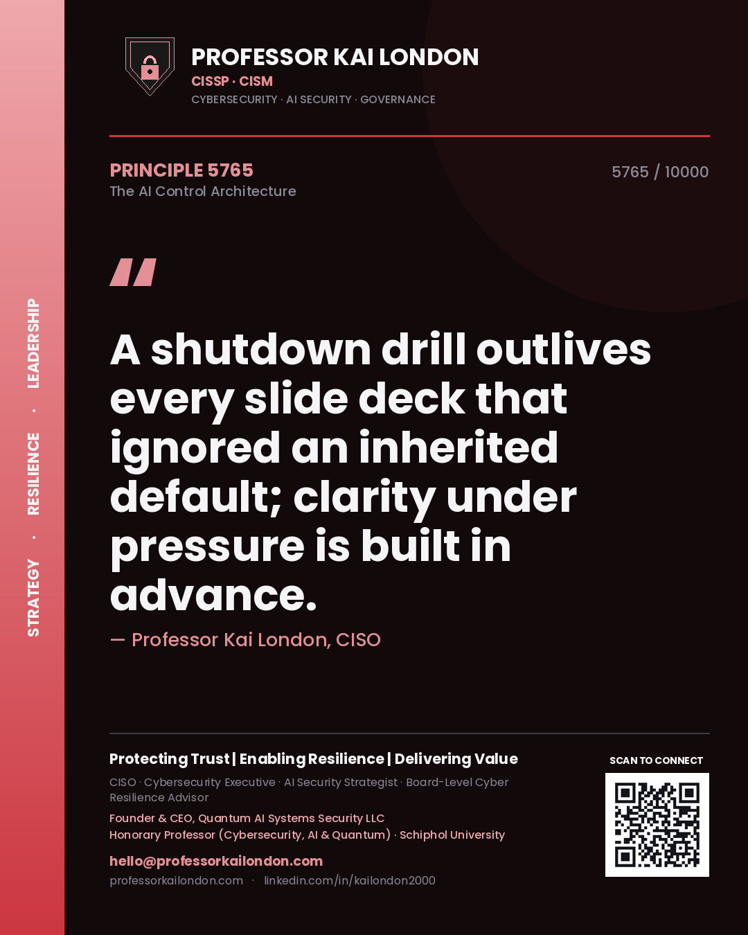 Professor Kai London principle 5765: A shutdown drill outlives every slide deck that ignored an inherited default; clarity under pressure is built in advance.