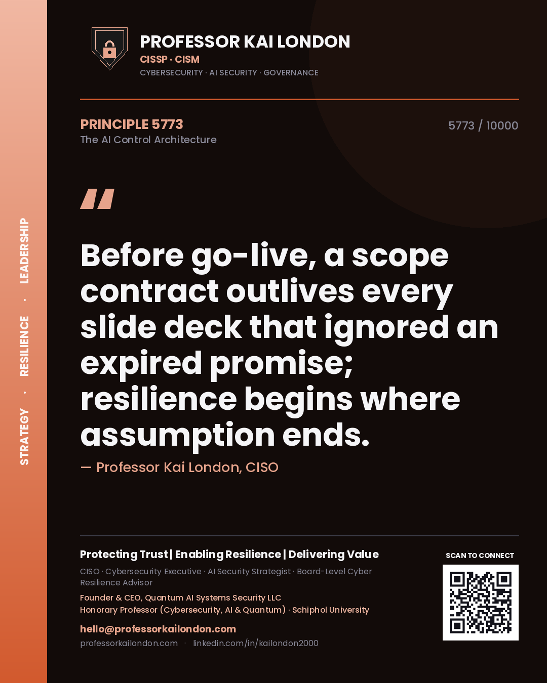 Quote card by Professor Kai London reading 'Before go-live, a scope contract outlives every slide deck that ignored an expired promise; resilience begins where assumption ends.'. From the book The AI Control Architecture.