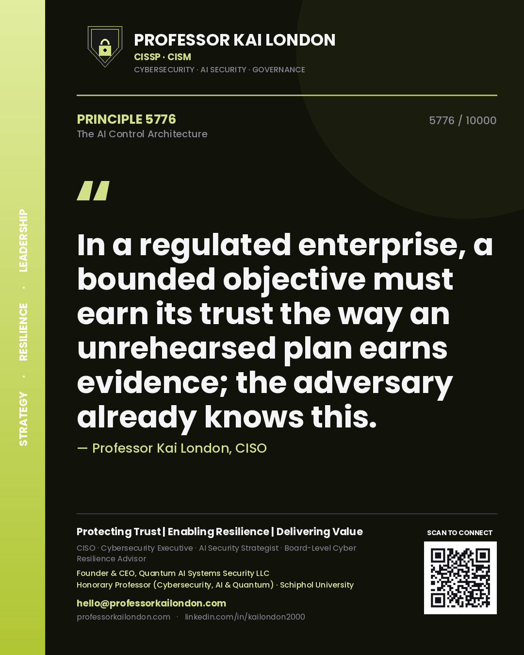 Quote card by Professor Kai London reading 'In a regulated enterprise, a bounded objective must earn its trust the way an unrehearsed plan earns evidence; the adversary already knows this.'. From the book The AI Control Architecture.