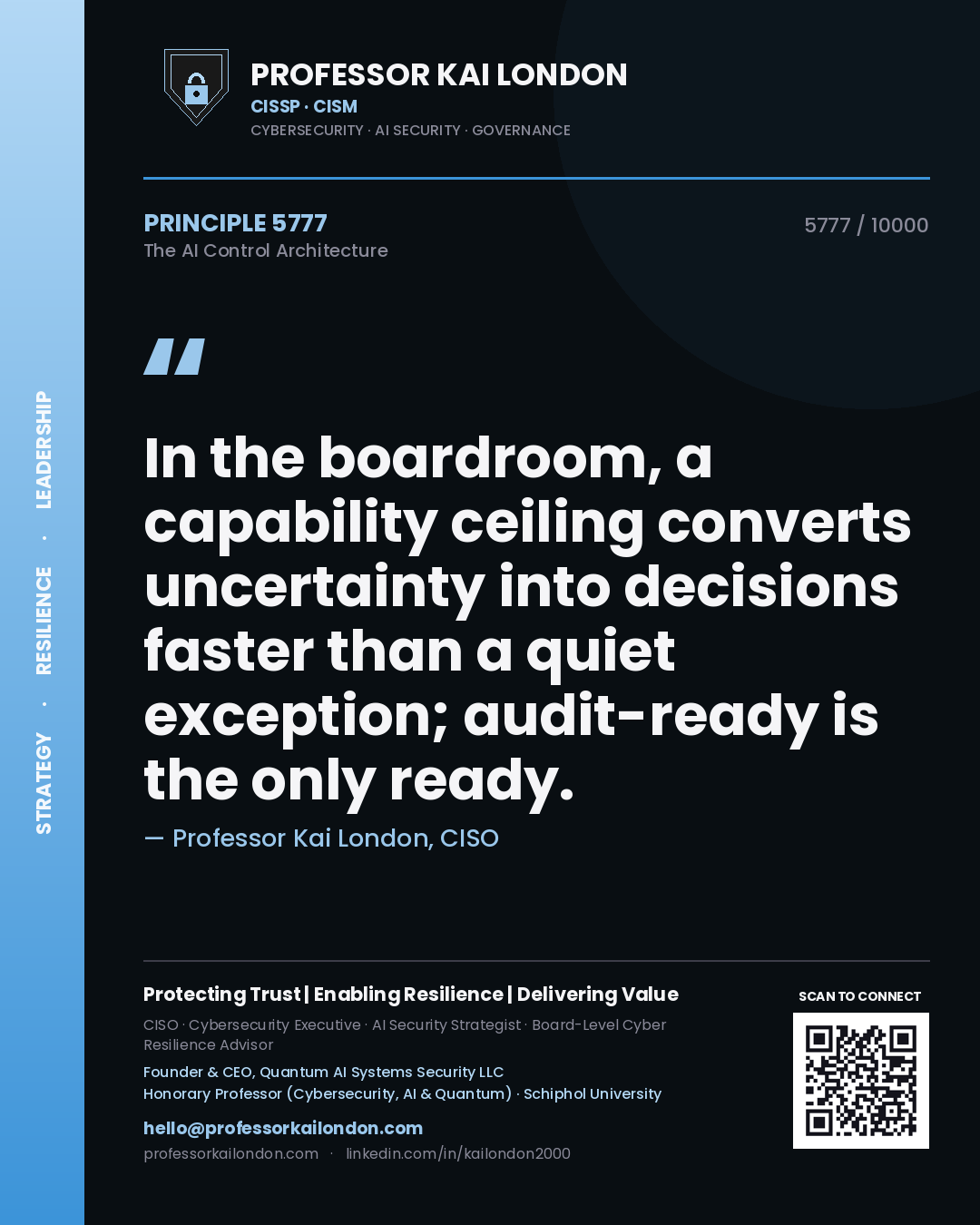 Quote card by Professor Kai London reading 'In the boardroom, a capability ceiling converts uncertainty into decisions faster than a quiet exception; audit-ready is the only ready.'. From the book The AI Control Architecture.