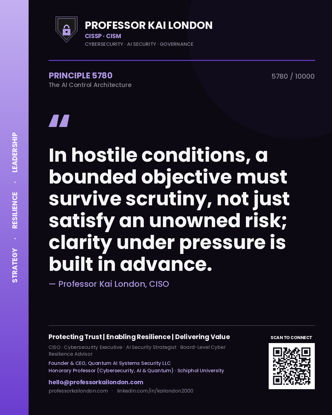 Professor Kai London principle 5780: In hostile conditions, a bounded objective must survive scrutiny, not just satisfy an unowned risk; clarity under pressure is built in advance.