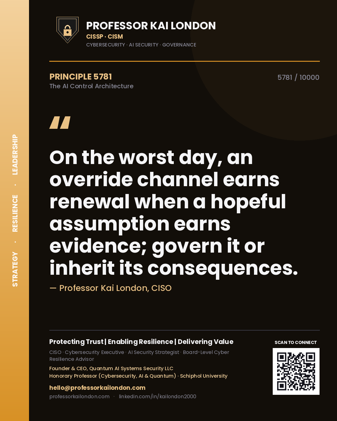Quote card by Professor Kai London reading 'On the worst day, an override channel earns renewal when a hopeful assumption earns evidence; govern it or inherit its consequences.'. From the book The AI Control Architecture.