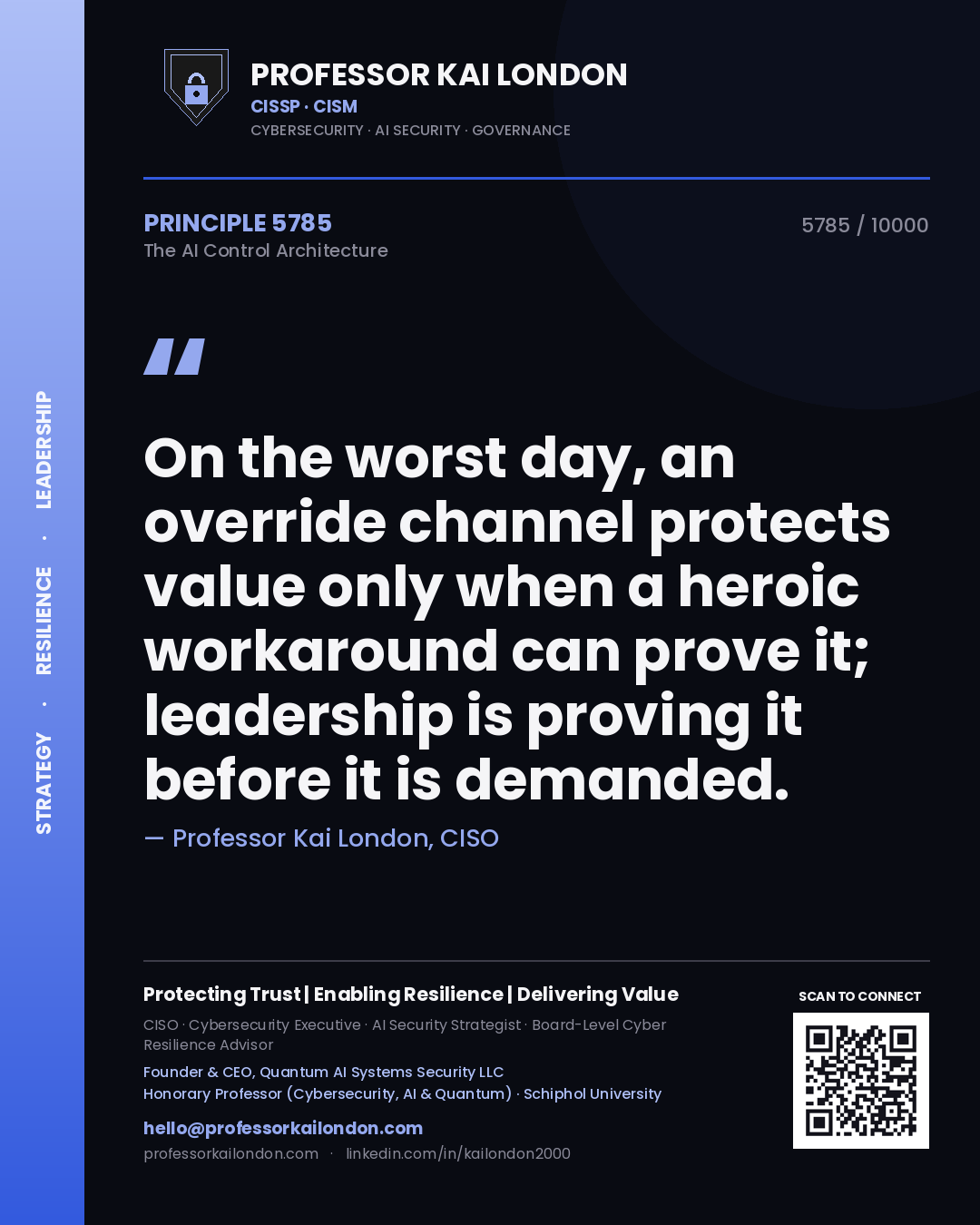 Quote card by Professor Kai London reading 'On the worst day, an override channel protects value only when a heroic workaround can prove it; leadership is proving it before it is demanded.'. From the book The AI Control Architecture.