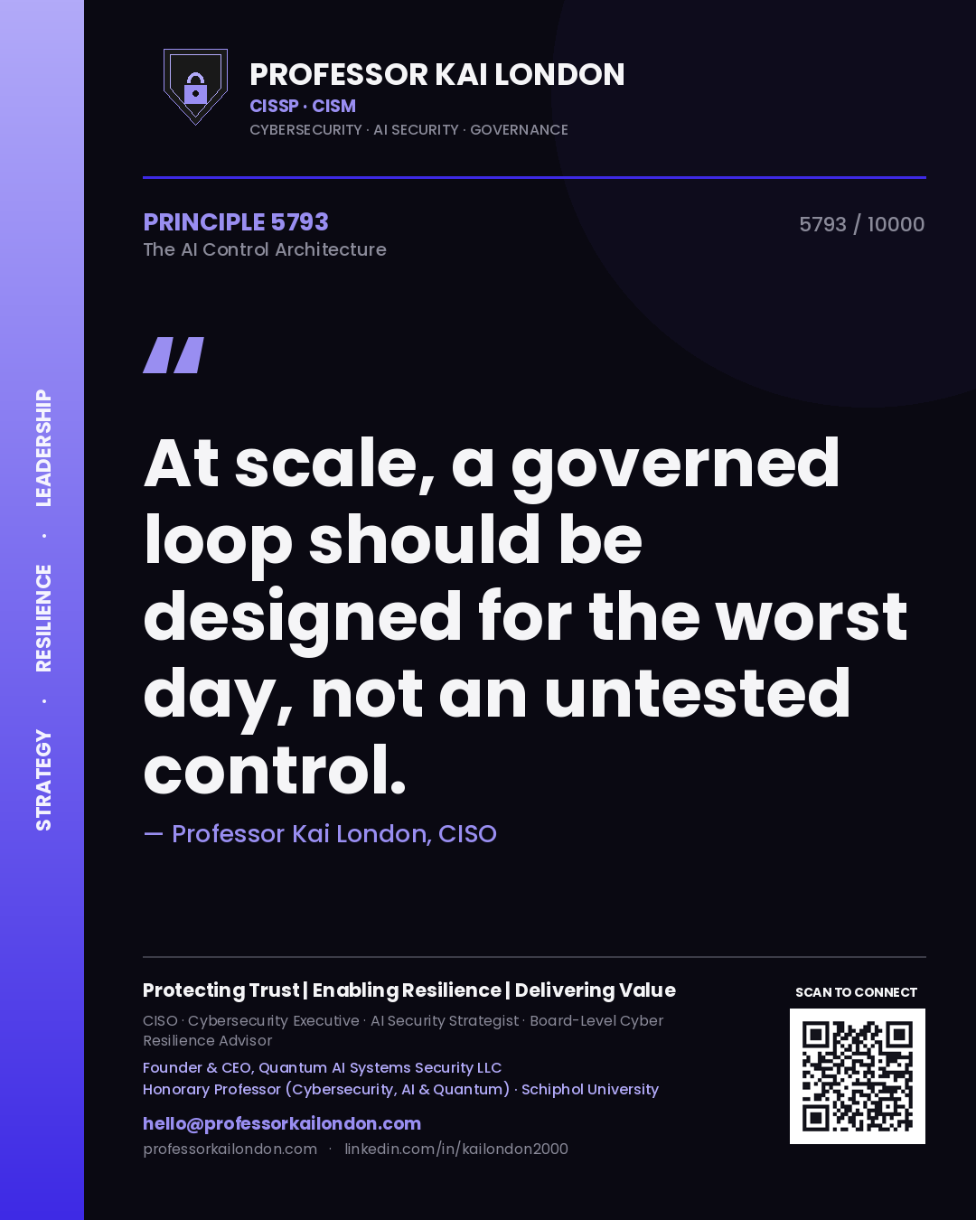 Quote card by Professor Kai London reading 'At scale, a governed loop should be designed for the worst day, not an untested control.'. From the book The AI Control Architecture.