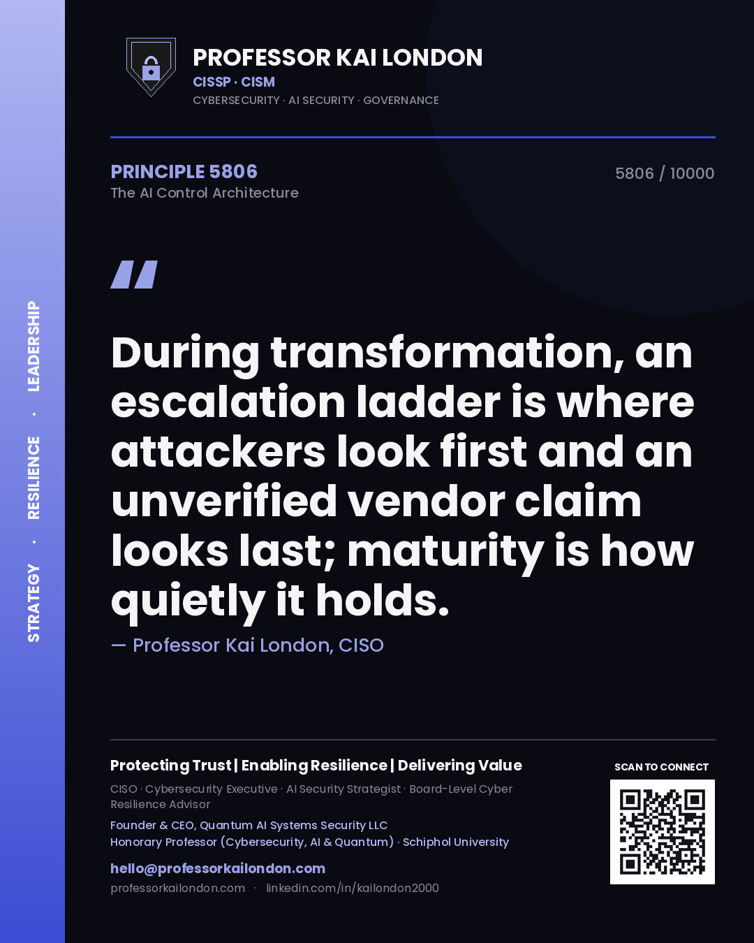 Professor Kai London principle 5806: During transformation, an escalation ladder is where attackers look first and an unverified vendor claim looks last; maturity is how quietly it holds.