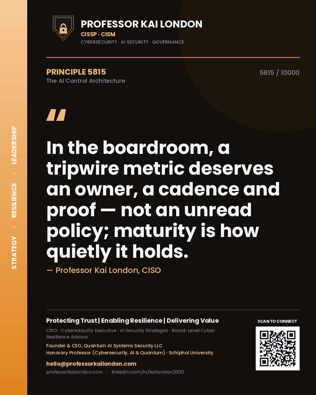 Professor Kai London principle 5815: In the boardroom, a tripwire metric deserves an owner, a cadence and proof — not an unread policy; maturity is how quietly it holds.