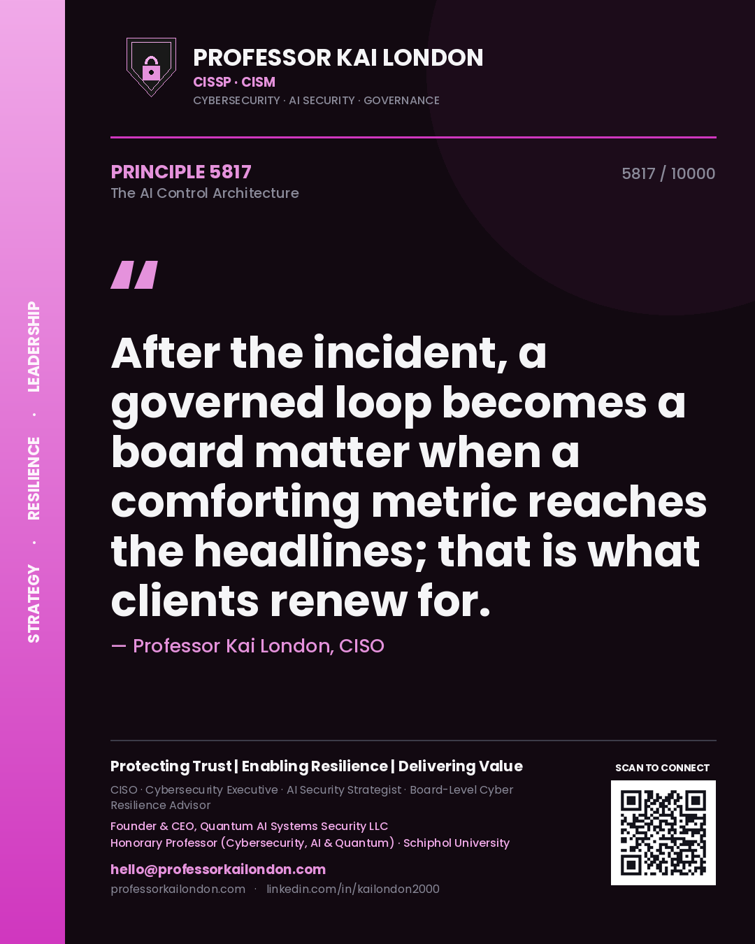 Quote card by Professor Kai London reading 'After the incident, a governed loop becomes a board matter when a comforting metric reaches the headlines; that is what clients renew for.'. From the book The AI Control Architecture.