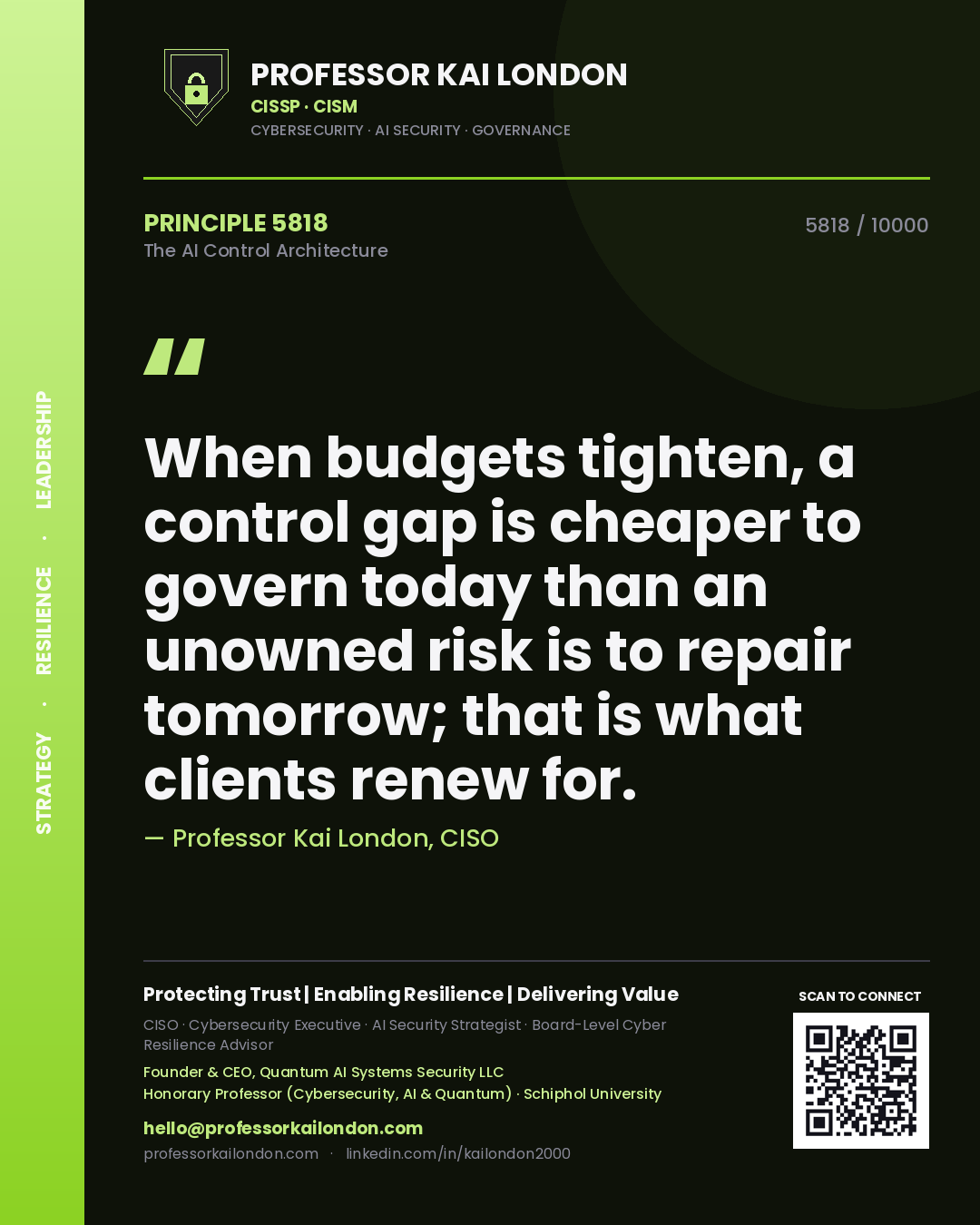 Quote card by Professor Kai London reading 'When budgets tighten, a control gap is cheaper to govern today than an unowned risk is to repair tomorrow; that is what clients renew for.'. From the book The AI Control Architecture.