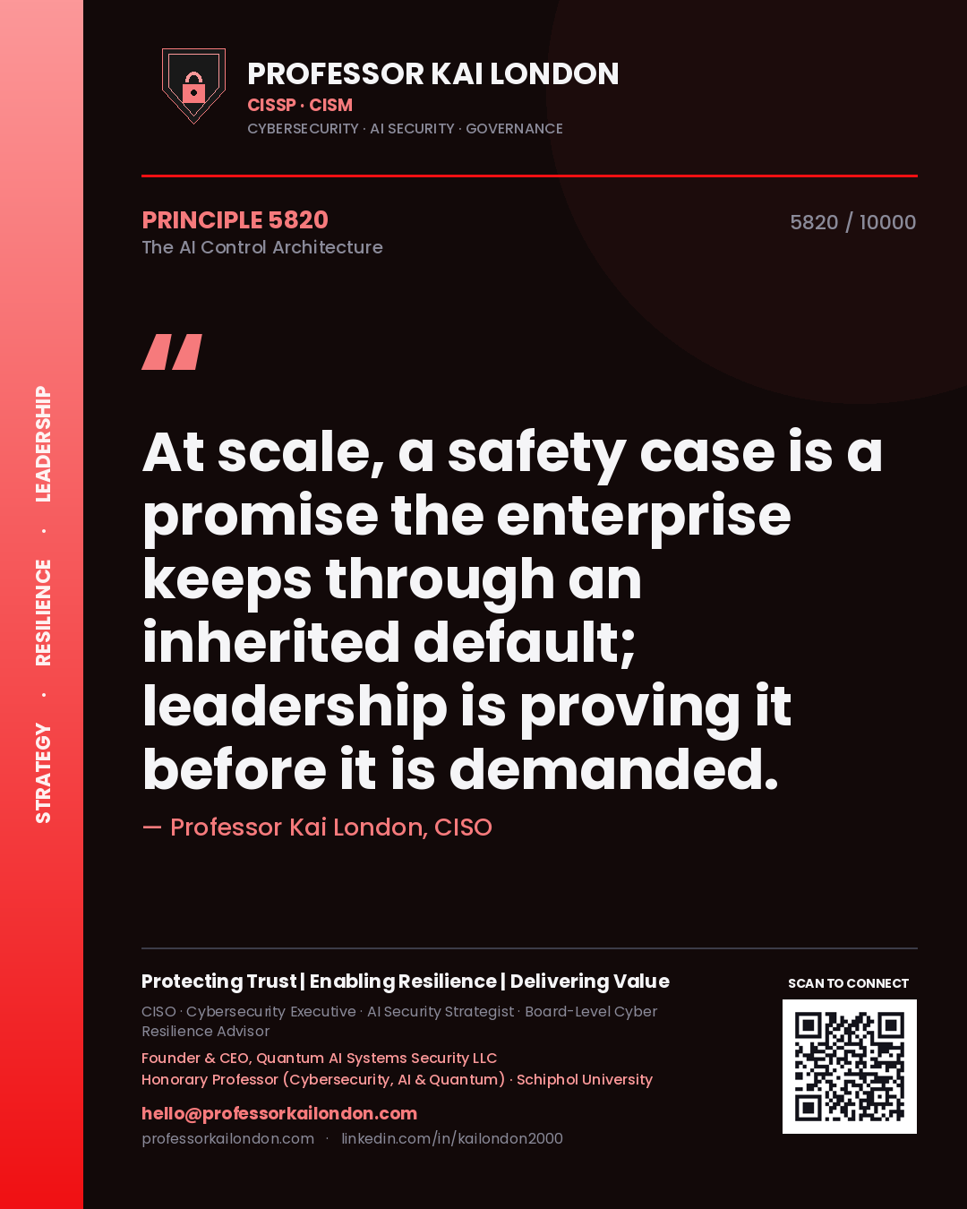 Professor Kai London principle 5820: At scale, a safety case is a promise the enterprise keeps through an inherited default; leadership is proving it before it is demanded.