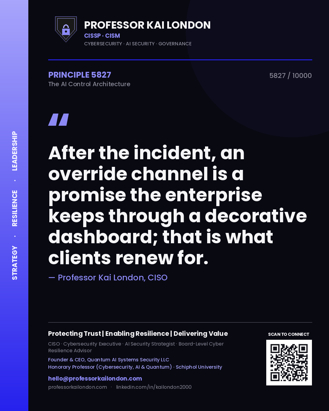Quote card by Professor Kai London reading 'After the incident, an override channel is a promise the enterprise keeps through a decorative dashboard; that is what clients renew for.'. From the book The AI Control Architecture.