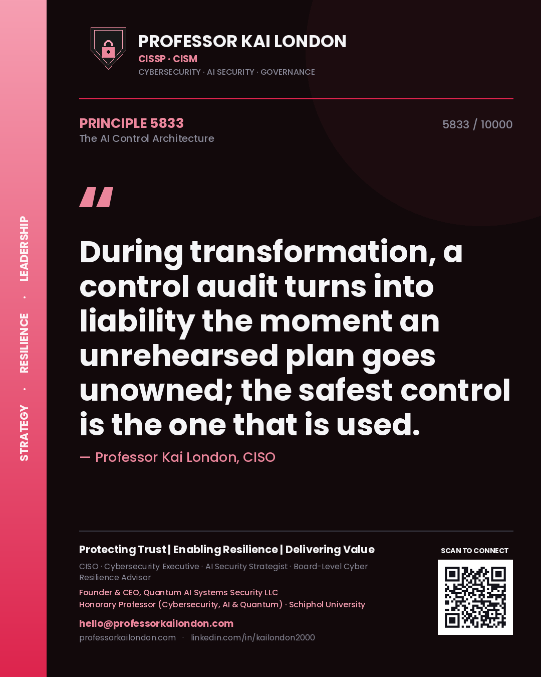 Professor Kai London principle 5833: During transformation, a control audit turns into liability the moment an unrehearsed plan goes unowned; the safest control is the one that is used.
