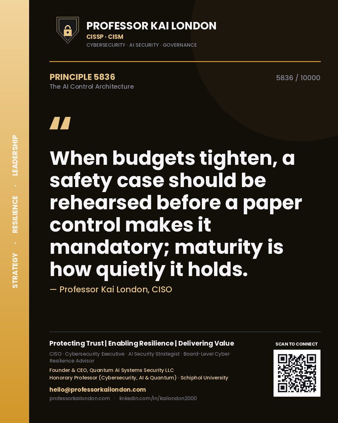 Quote card by Professor Kai London reading 'When budgets tighten, a safety case should be rehearsed before a paper control makes it mandatory; maturity is how quietly it holds.'. From the book The AI Control Architecture.