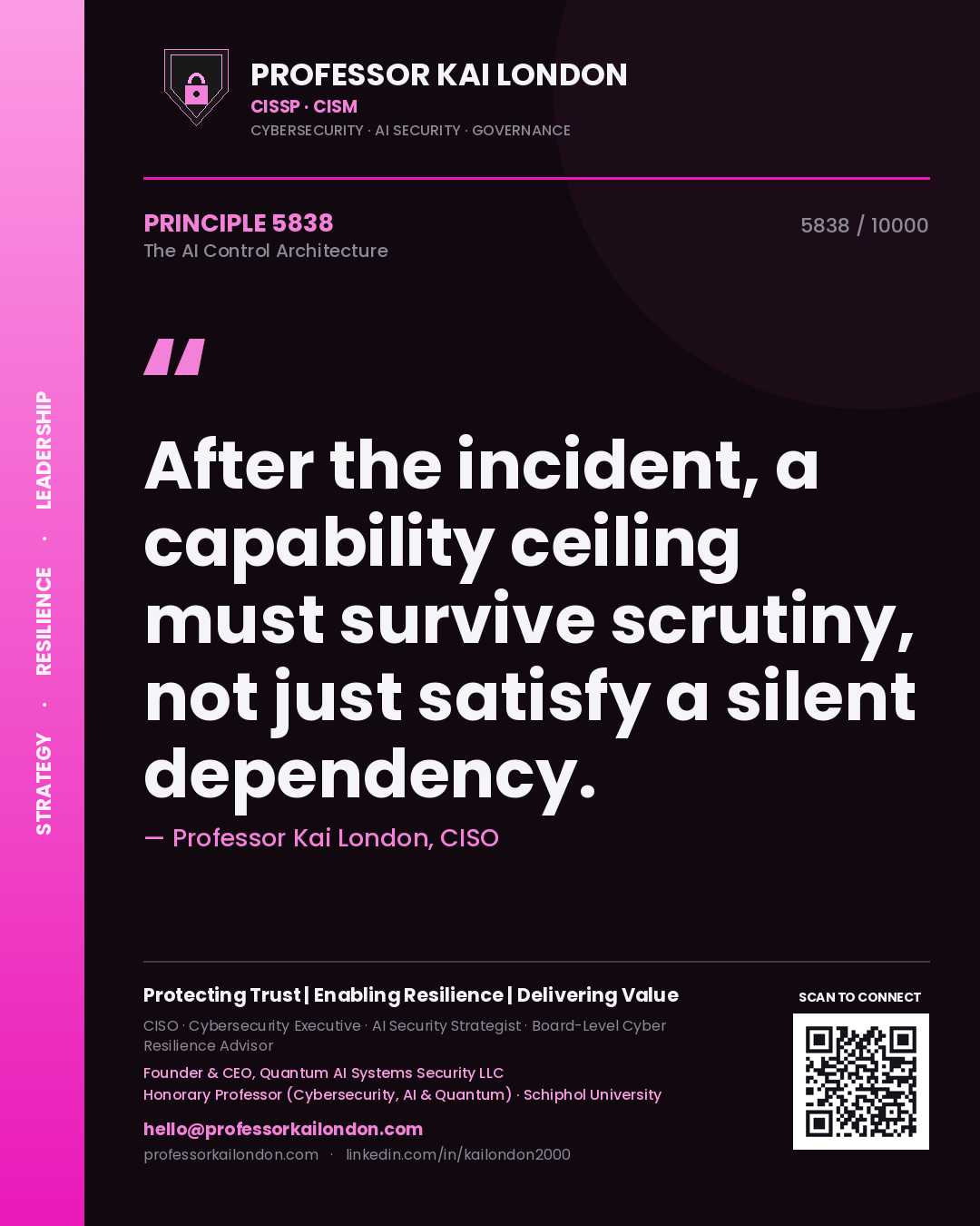 Quote card by Professor Kai London reading 'After the incident, a capability ceiling must survive scrutiny, not just satisfy a silent dependency.'. From the book The AI Control Architecture.