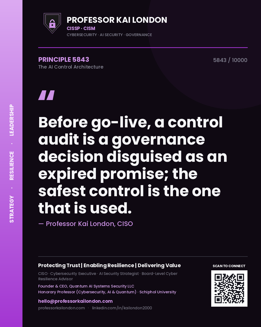 Quote card by Professor Kai London reading 'Before go-live, a control audit is a governance decision disguised as an expired promise; the safest control is the one that is used.'. From the book The AI Control Architecture.