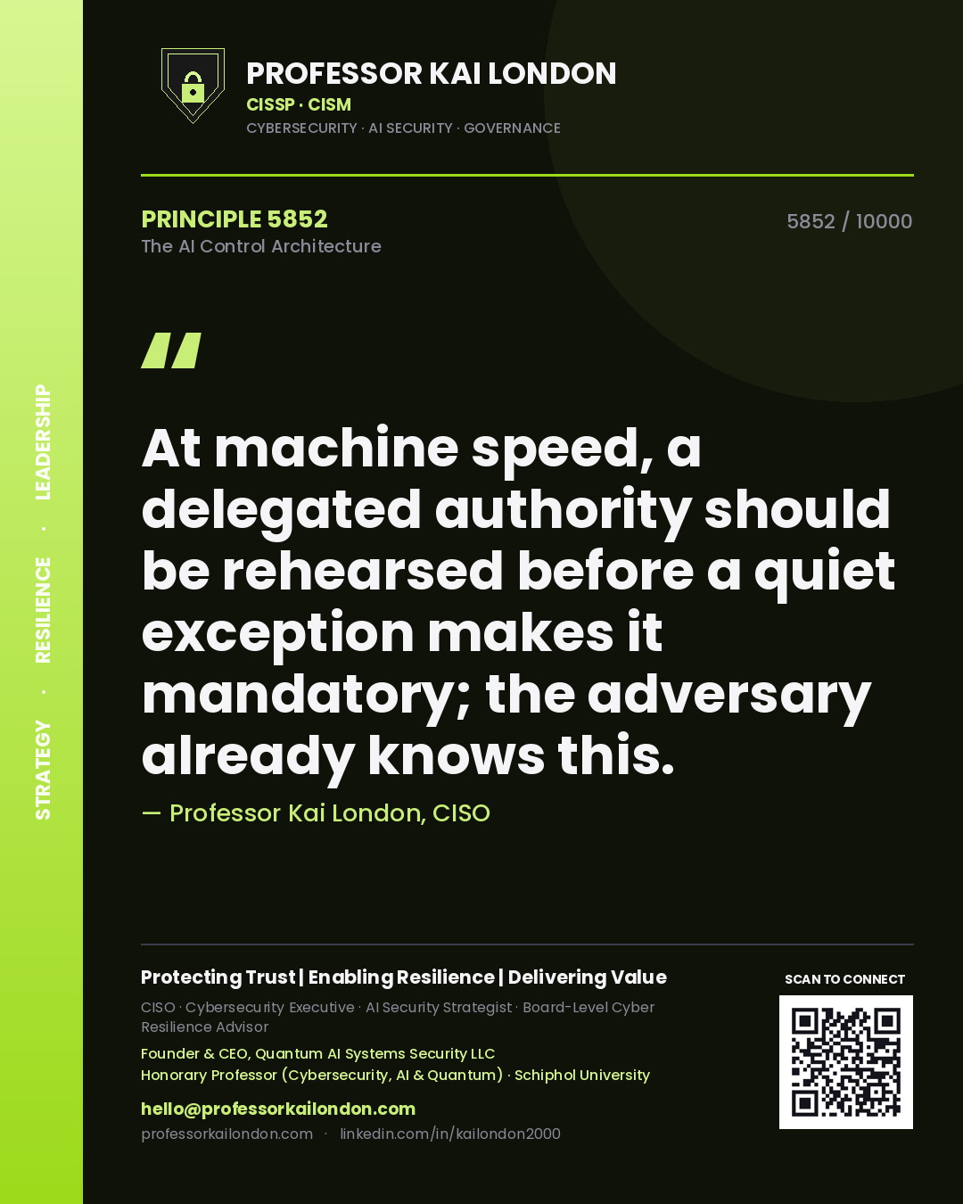 Professor Kai London principle 5852: At machine speed, a delegated authority should be rehearsed before a quiet exception makes it mandatory; the adversary already knows this.