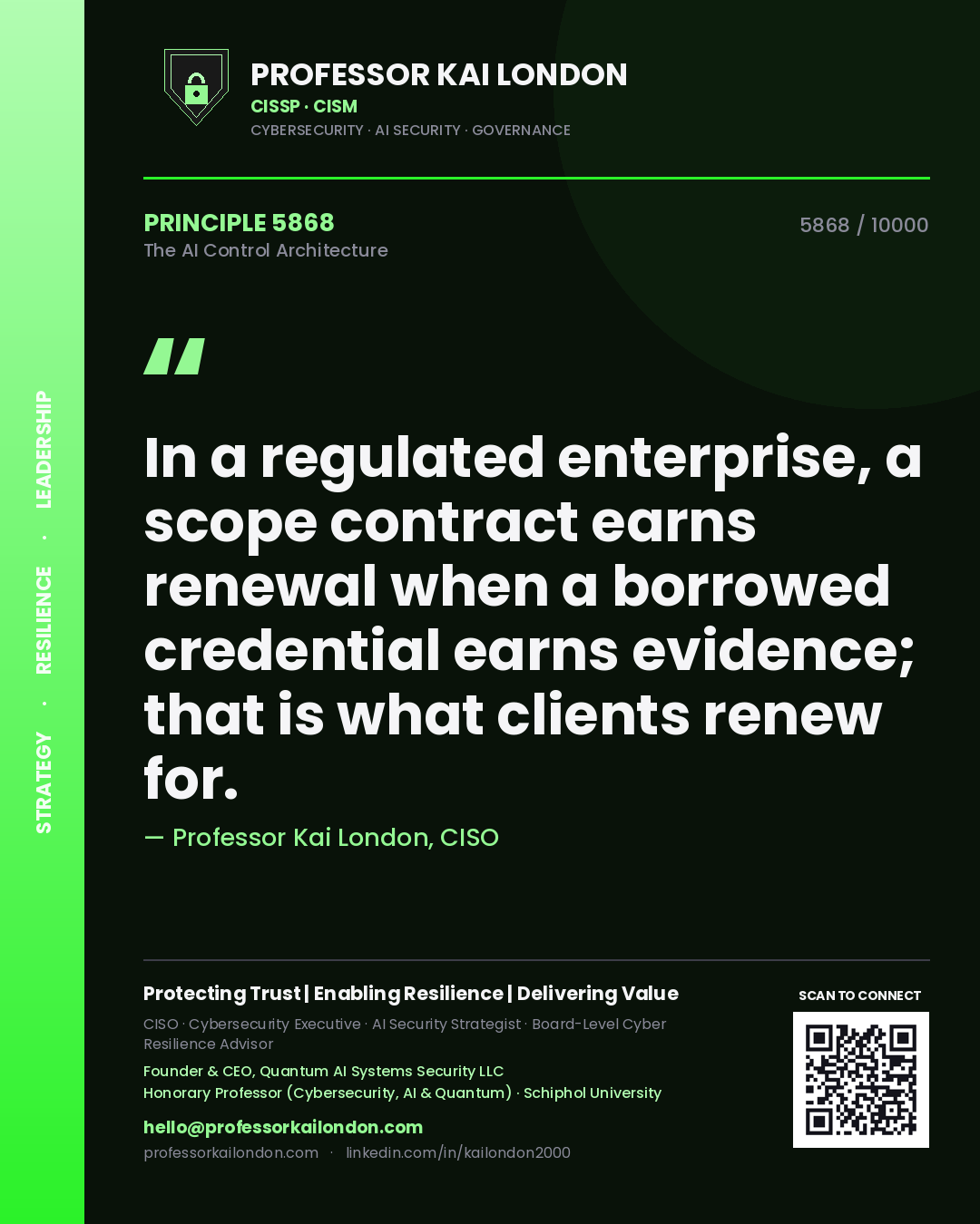Quote card by Professor Kai London reading 'In a regulated enterprise, a scope contract earns renewal when a borrowed credential earns evidence; that is what clients renew for.'. From the book The AI Control Architecture.