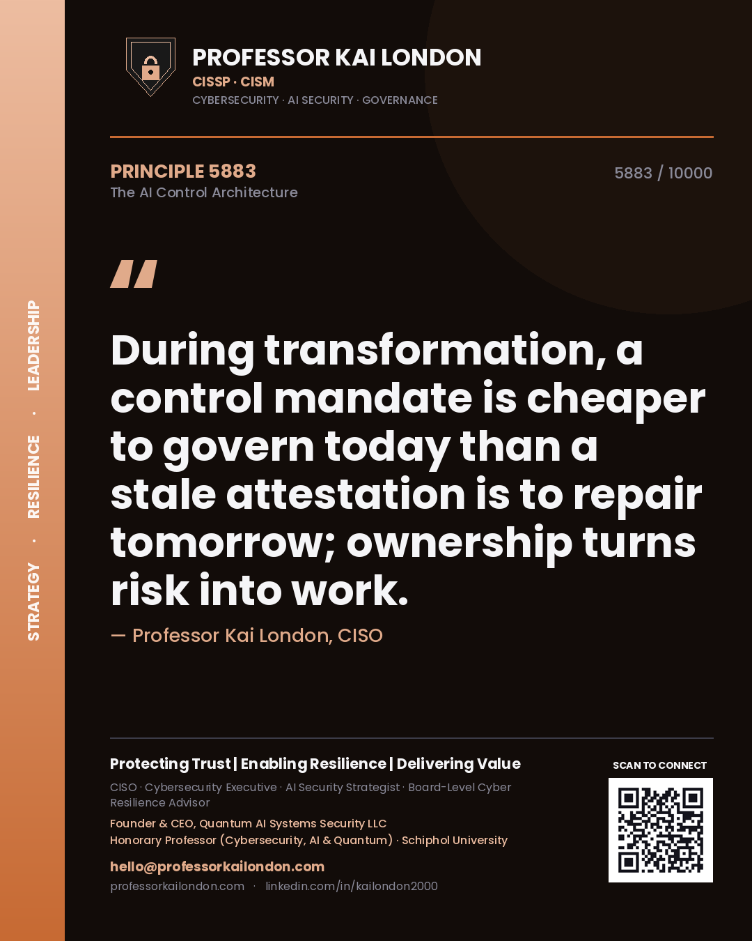 Professor Kai London principle 5883: During transformation, a control mandate is cheaper to govern today than a stale attestation is to repair tomorrow; ownership turns risk into work.