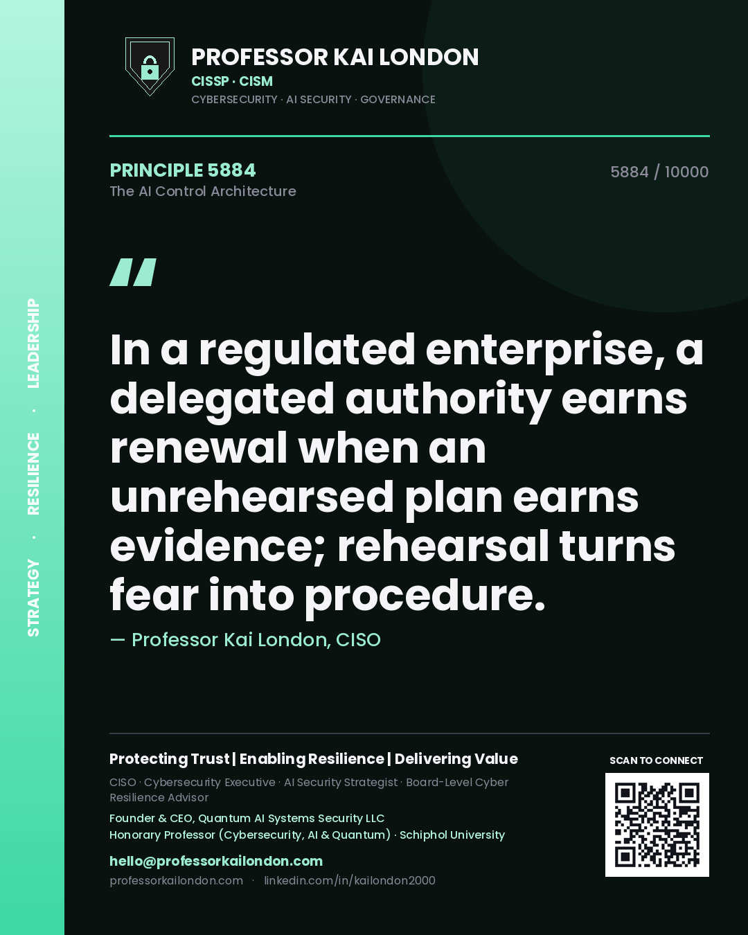 Professor Kai London principle 5884: In a regulated enterprise, a delegated authority earns renewal when an unrehearsed plan earns evidence; rehearsal turns fear into procedure.