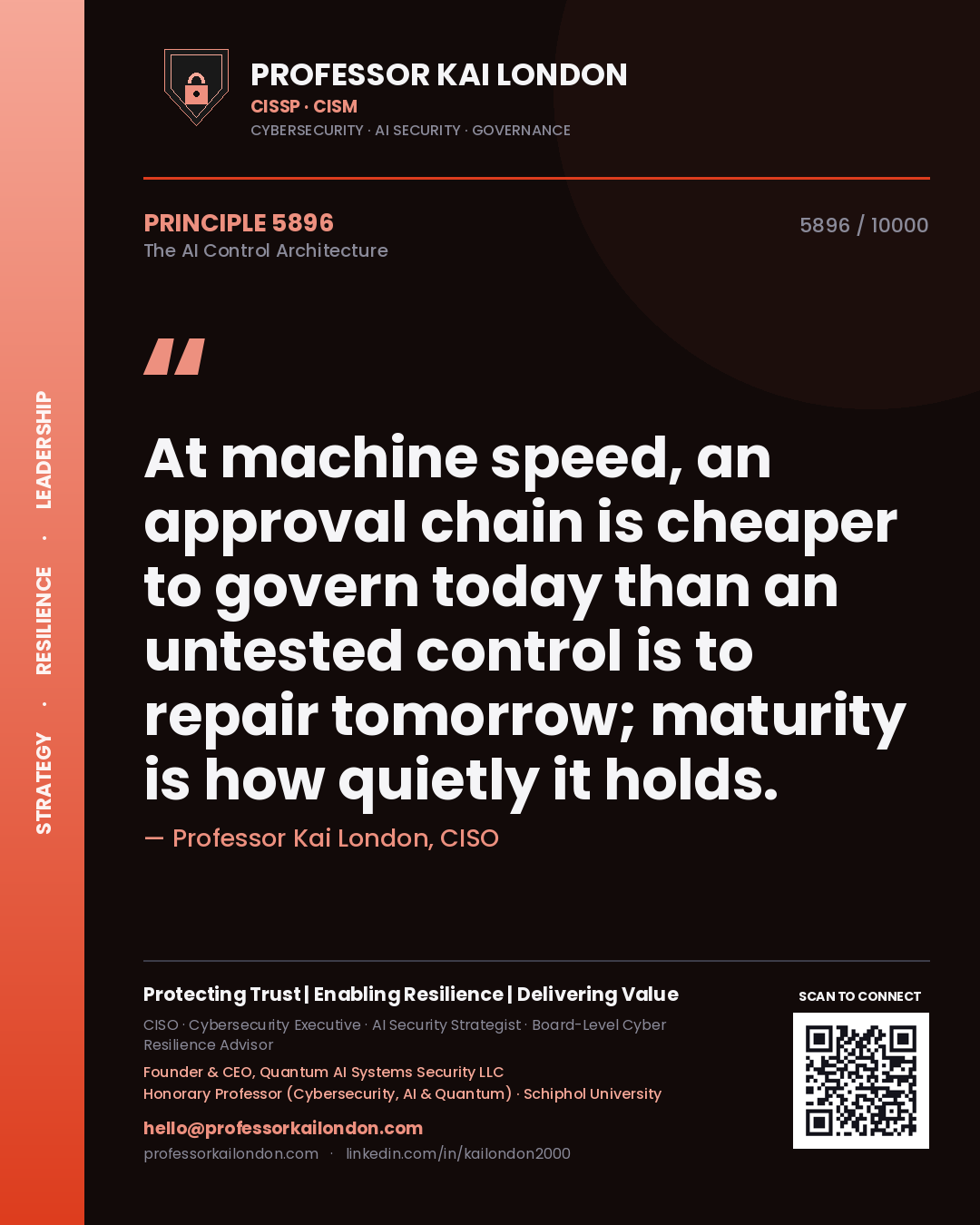 Professor Kai London principle 5896: At machine speed, an approval chain is cheaper to govern today than an untested control is to repair tomorrow; maturity is how quietly it holds.
