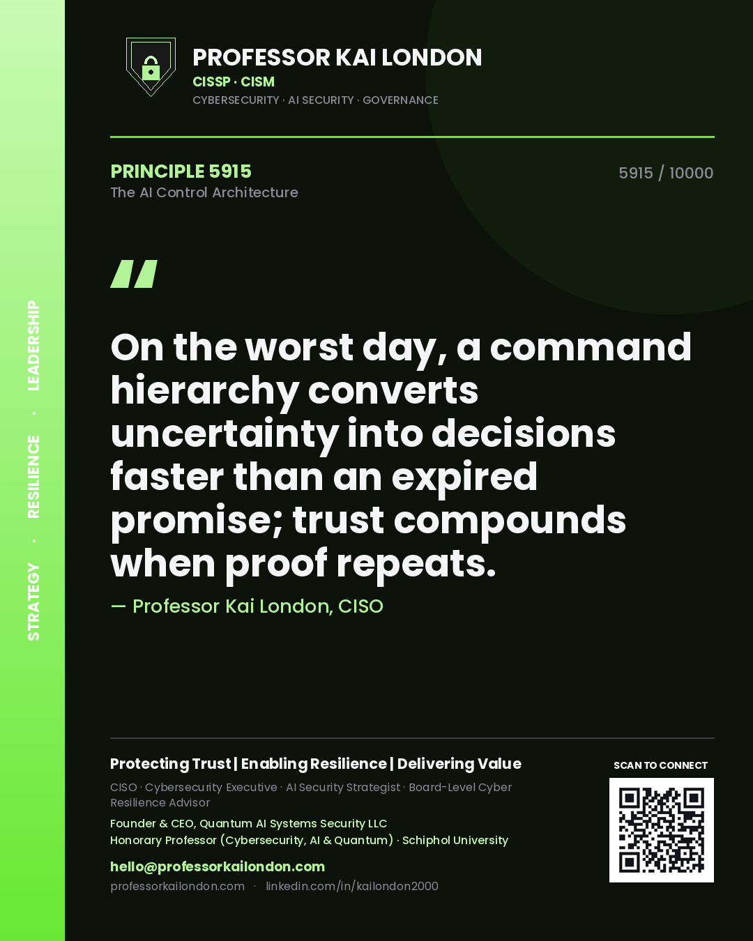 Quote card by Professor Kai London reading 'On the worst day, a command hierarchy converts uncertainty into decisions faster than an expired promise; trust compounds when proof repeats.'. From the book The AI Control Architecture.