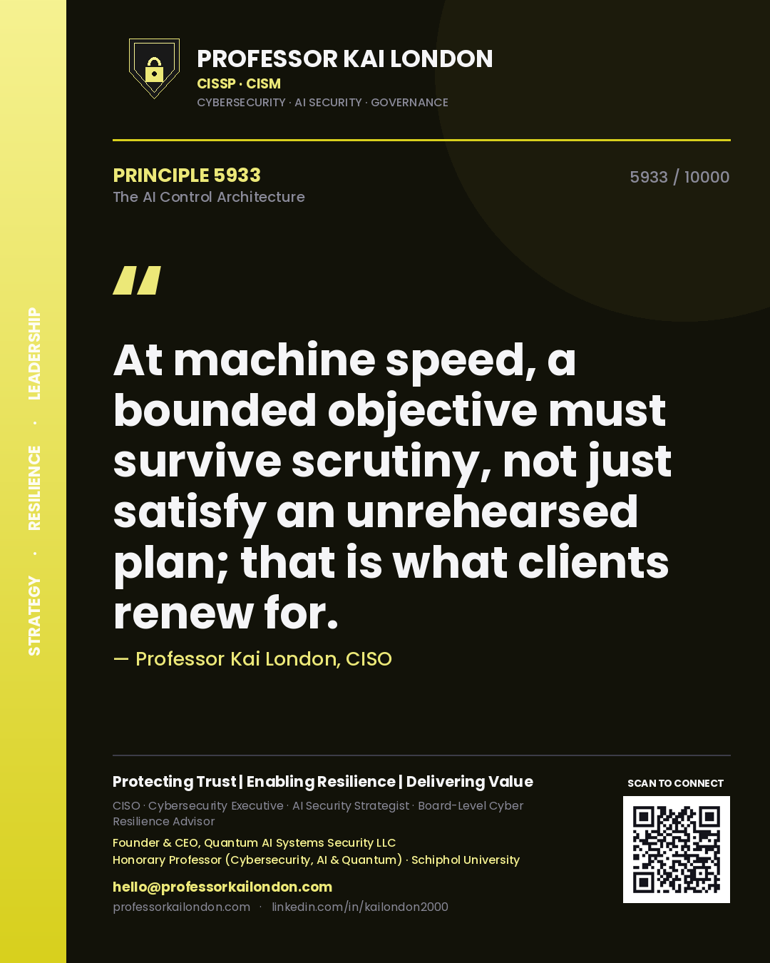 Professor Kai London principle 5933: At machine speed, a bounded objective must survive scrutiny, not just satisfy an unrehearsed plan; that is what clients renew for.