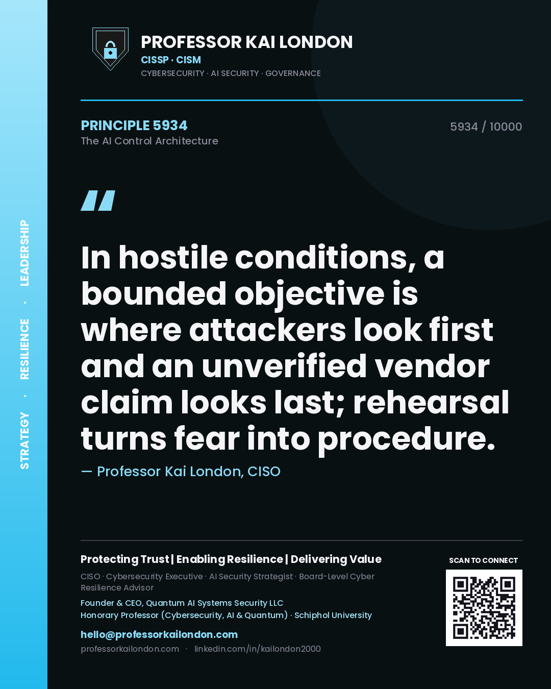 Professor Kai London principle 5934: In hostile conditions, a bounded objective is where attackers look first and an unverified vendor claim looks last; rehearsal turns fear into procedure.