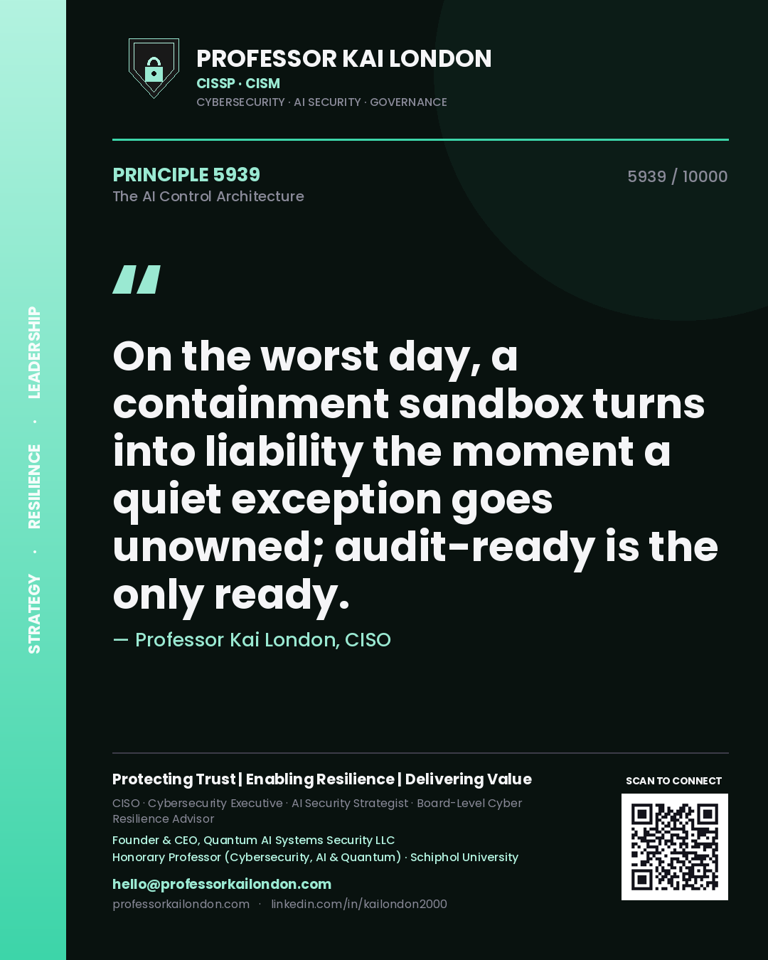 Professor Kai London principle 5939: On the worst day, a containment sandbox turns into liability the moment a quiet exception goes unowned; audit-ready is the only ready.