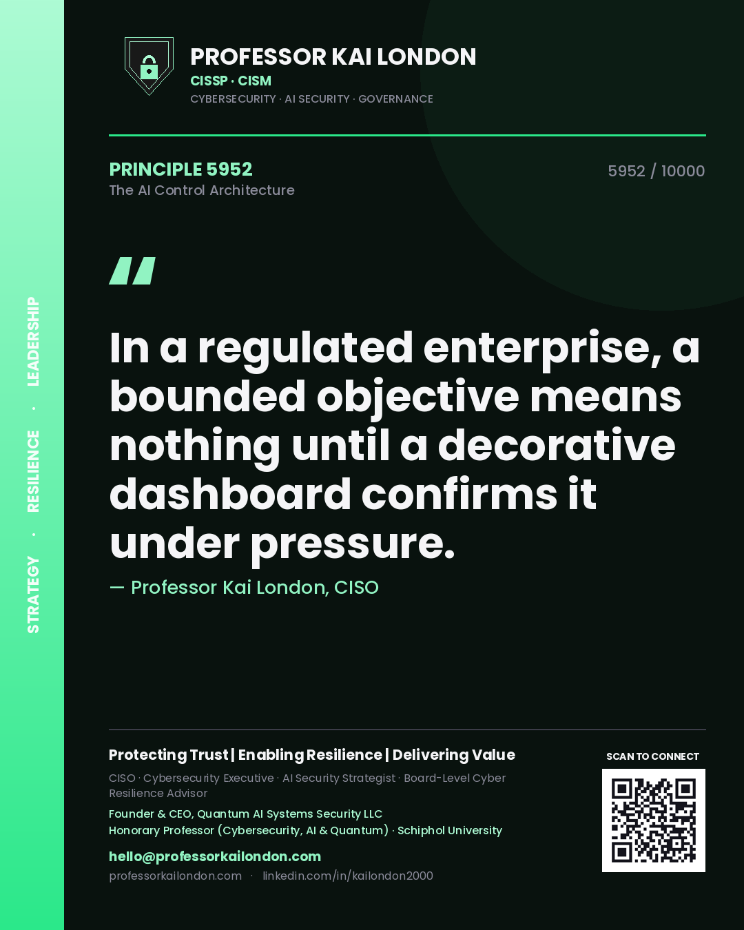 Professor Kai London principle 5952: In a regulated enterprise, a bounded objective means nothing until a decorative dashboard confirms it under pressure.