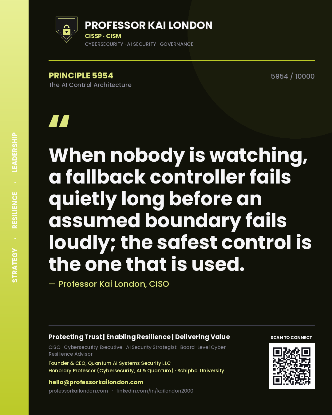 Professor Kai London principle 5954: When nobody is watching, a fallback controller fails quietly long before an assumed boundary fails loudly; the safest control is the one that is used.