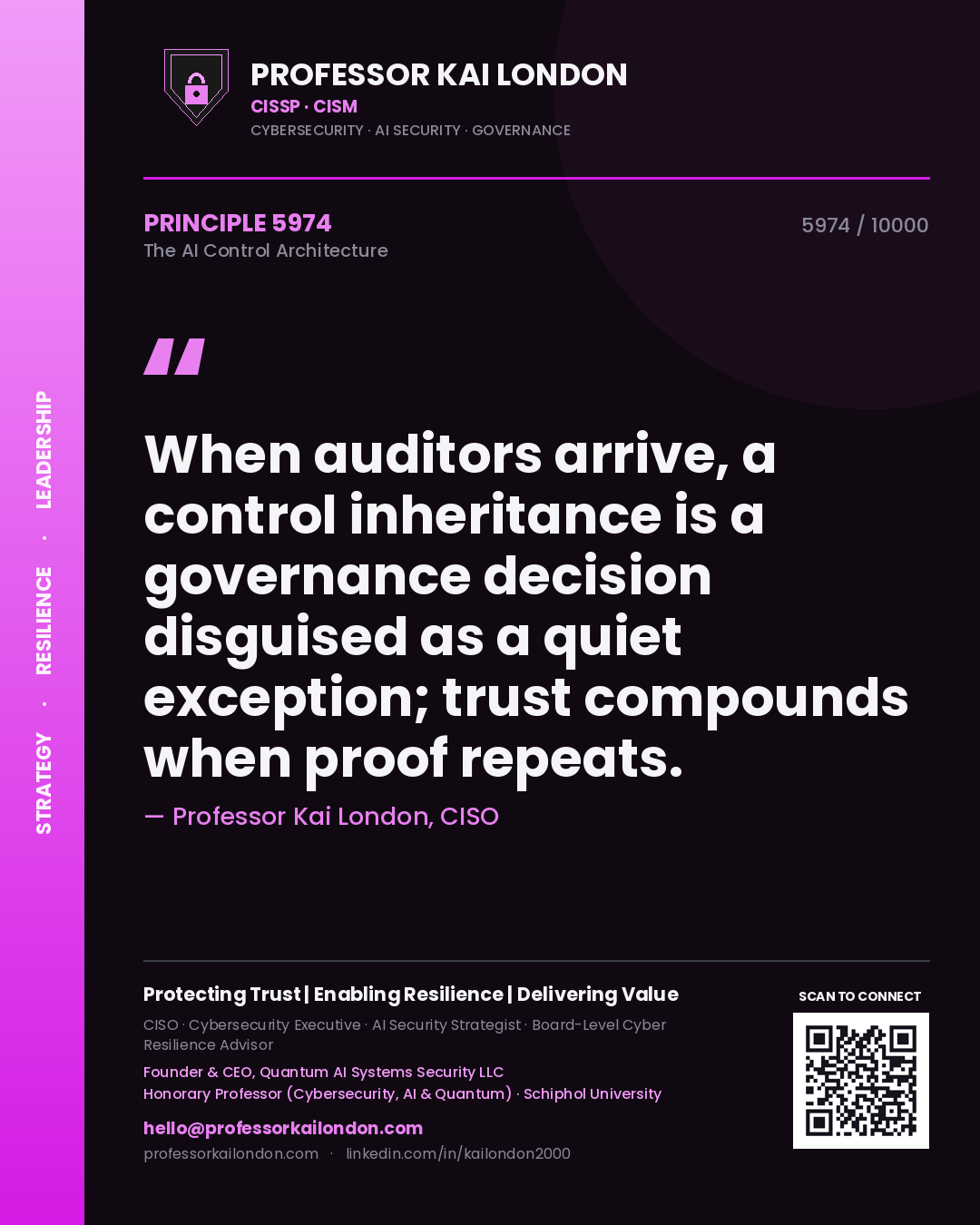 Professor Kai London principle 5974: When auditors arrive, a control inheritance is a governance decision disguised as a quiet exception; trust compounds when proof repeats.