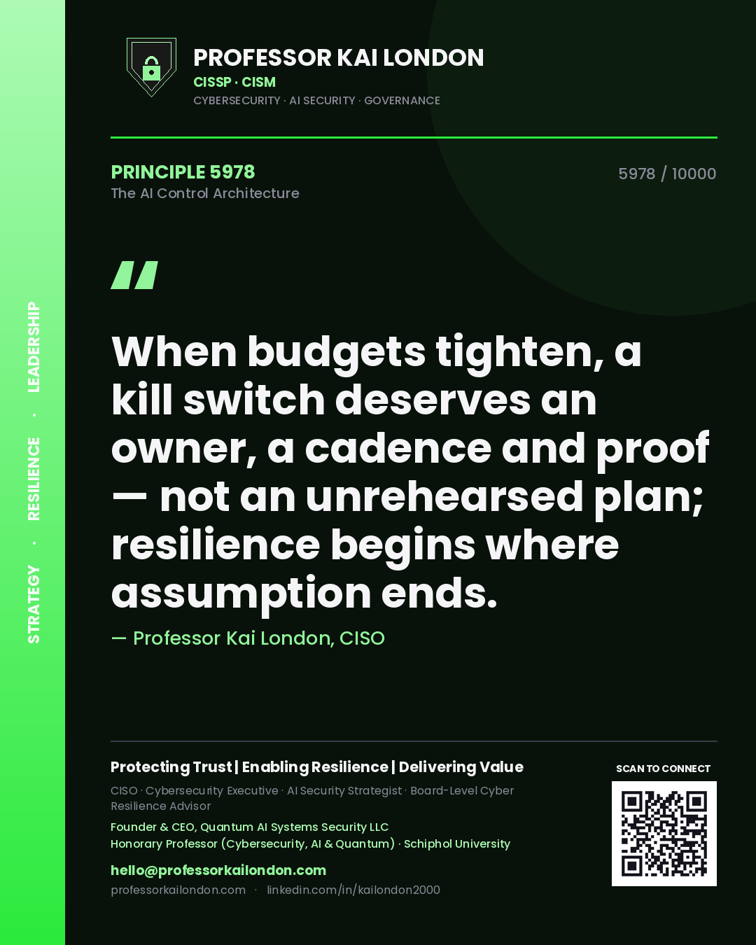 Quote card by Professor Kai London reading 'When budgets tighten, a kill switch deserves an owner, a cadence and proof — not an unrehearsed plan; resilience begins where assumption ends.'. From the book The AI Control Architecture.