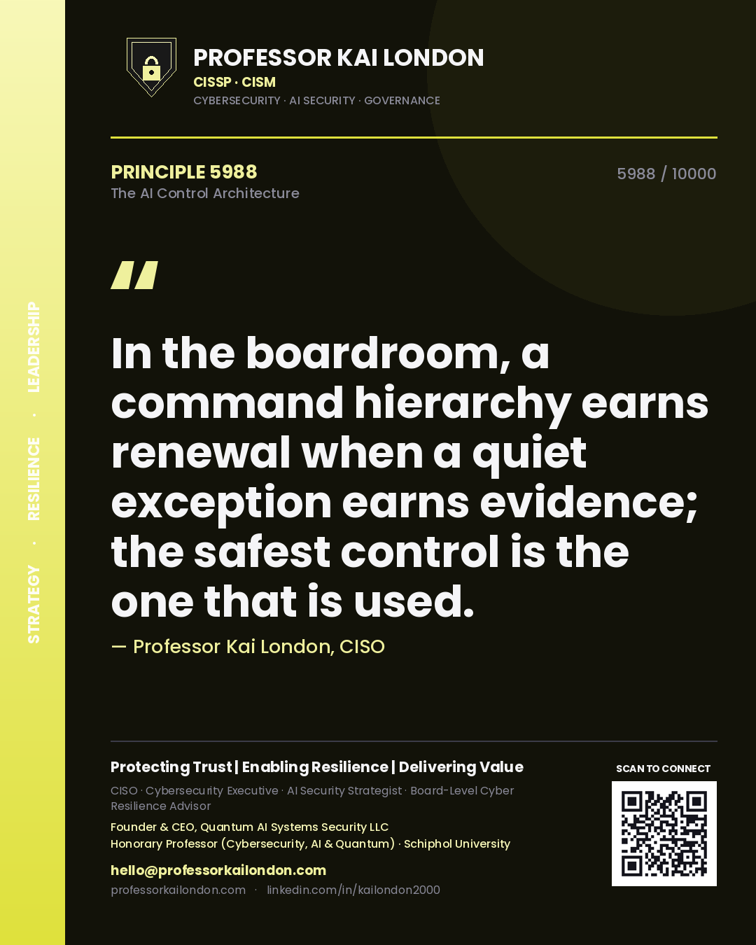 Professor Kai London principle 5988: In the boardroom, a command hierarchy earns renewal when a quiet exception earns evidence; the safest control is the one that is used.