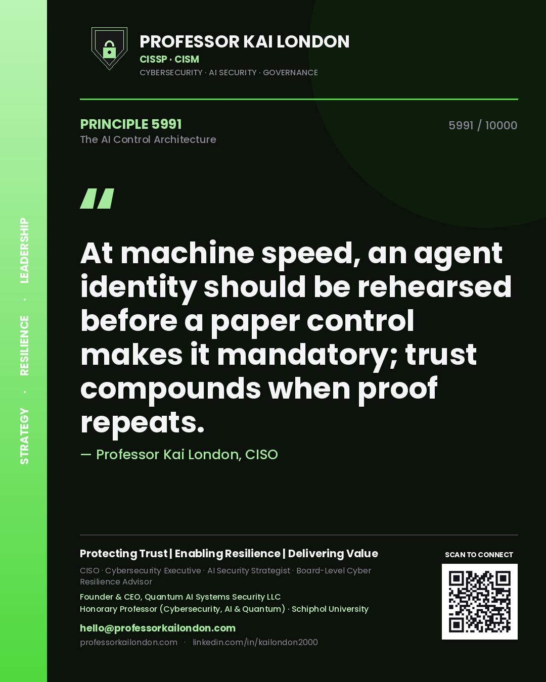 Professor Kai London principle 5991: At machine speed, an agent identity should be rehearsed before a paper control makes it mandatory; trust compounds when proof repeats.